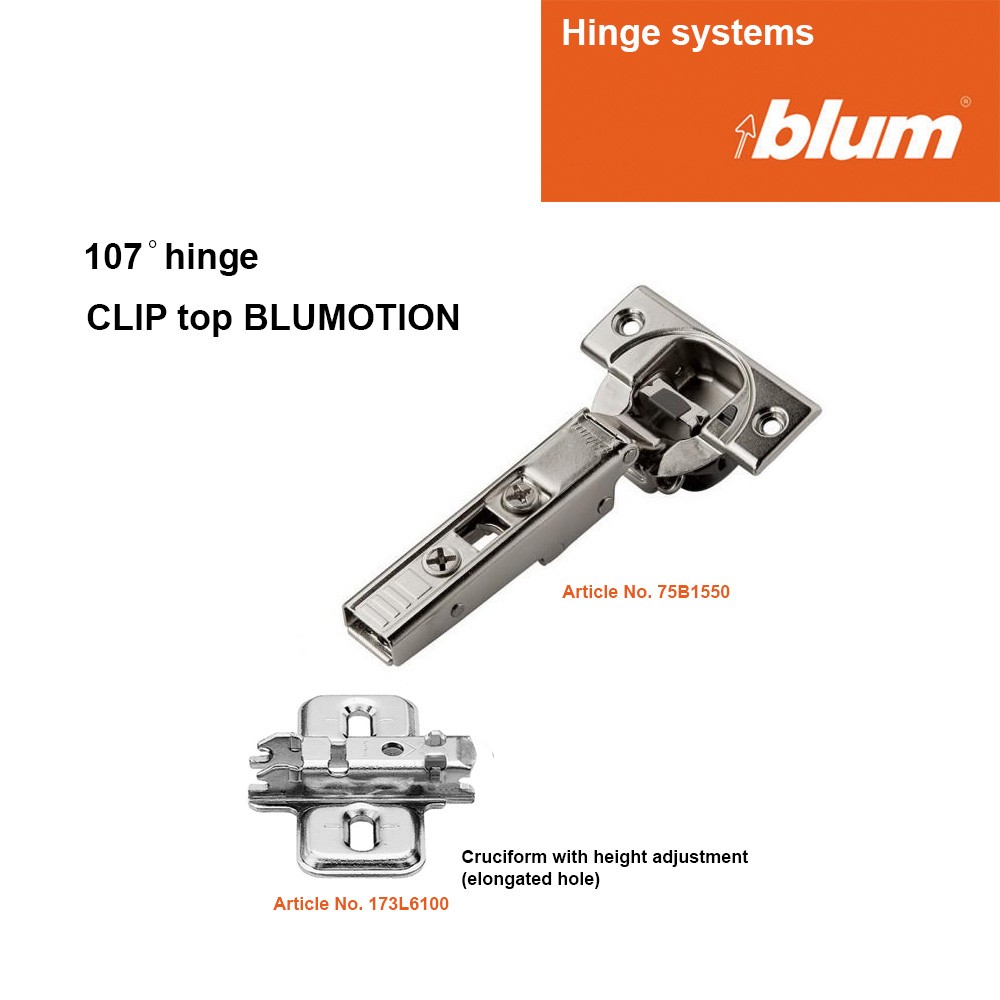 Blum 107deg Integrated Blumotion Hinge 75B1550 + Mounting Plate 173L6100